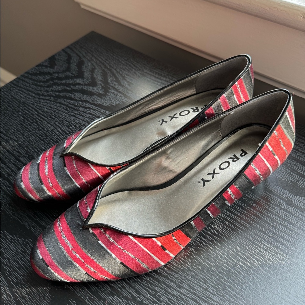 Proxy Wedge Heels- Red, Black, & Silver Stripes